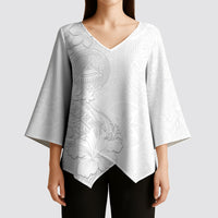 American Samoa White Sunday Kimono Sleeve Blouse Polynesian Pattern With Tropical Flowers