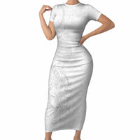 American Samoa White Sunday Short Sleeve Bodycon Dress Polynesian Pattern With Tropical Flowers