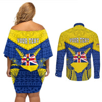 Personalized Niue Constitution Day Couples Matching Off Shoulder Short Dress and Long Sleeve Button Shirts Coat Of Arms Niuean Hiapo Pattern LT05 - Polynesian Pride