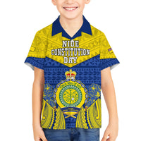 Personalized Niue Constitution Day Family Matching Off Shoulder Maxi Dress and Hawaiian Shirt Coat Of Arms Niuean Hiapo Pattern LT05 Son's Shirt Yellow - Polynesian Pride