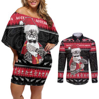 New Zealand Santa Tiki Christmas Couples Matching Off Shoulder Short Dress and Long Sleeve Button Shirt Meri Kirihimete