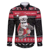 New Zealand Santa Tiki Christmas Family Matching Off The Shoulder Long Sleeve Dress and Hawaiian Shirt Meri Kirihimete