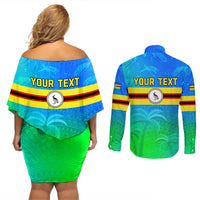 Personalised Solomon Islands Choiseul Province Day Couples Matching Off Shoulder Short Dress and Long Sleeve Button Shirt Sea Turtle Tribal Pattern LT05 - Polynesian Pride