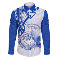Personalised Northern Mariana Islands Commonwealth Day Family Matching Off Shoulder Short Dress and Hawaiian Shirt Simple Style LT05 Dad's Shirt - Long Sleeve Blue - Polynesian Pride