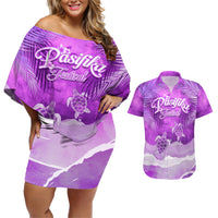 Personalised Pasifika Festival Couples Matching Off Shoulder Short Dress and Hawaiian Shirt Violet Tropical Turtle LT05 Violet - Polynesian Pride