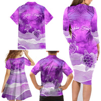 Personalised Pasifika Festival Family Matching Long Sleeve Bodycon Dress and Hawaiian Shirt Violet Tropical Turtle LT05 - Polynesian Pride