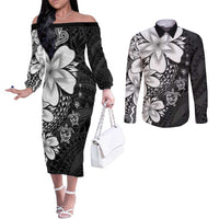 Polynesia Romantic Valentine Couples Matching Off The Shoulder Long Sleeve Dress and Long Sleeve Button Shirt Sea Turtle Couple With Black Plumeria