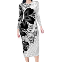 Polynesia Romantic Valentine Long Sleeve Bodycon Dress Sea Turtle Couple With White Plumeria LT05 Long Dress White - Polynesian Pride