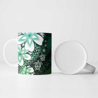 Polynesia Romantic Valentine Ceramic Mug Sea Turtle Couple With Aqua Gradient Plumeria