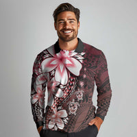 Polynesia Romantic Valentine Long Sleeve Polo Shirt Sea Turtle Couple With Red Gradient Plumeria