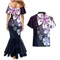 Polynesia Romantic Valentine Couples Matching Mermaid Dress and Hawaiian Shirt Sea Turtle Couple With Purple Gradient Plumeria