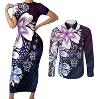 Polynesia Romantic Valentine Couples Matching Short Sleeve Bodycon Dress and Long Sleeve Button Shirt Sea Turtle Couple With Purple Gradient Plumeria