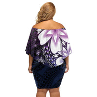 Polynesia Romantic Valentine Off Shoulder Short Dress Sea Turtle Couple With Purple Gradient Plumeria LT05 - Polynesian Pride