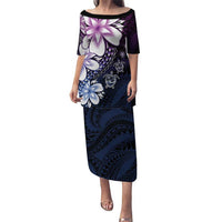 Polynesia Romantic Valentine Puletasi Sea Turtle Couple With Purple Gradient Plumeria LT05 Long Dress Purple - Polynesian Pride