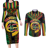 Vanuatu 46th Anniversary Independence Day Couples Matching Long Sleeve Bodycon Dress and Long Sleeve Button Shirt Melanesian Warrior With Sand Drawing Pattern LT05 Black - Polynesian Pride
