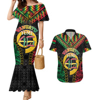 Vanuatu 46th Anniversary Independence Day Couples Matching Mermaid Dress and Hawaiian Shirt Melanesian Warrior With Sand Drawing Pattern LT05 Black - Polynesian Pride