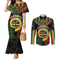 Vanuatu 45th Anniversary Independence Day Couples Matching Mermaid Dress and Long Sleeve Button Shirt Melanesian Warrior With Sand Drawing Pattern LT05
