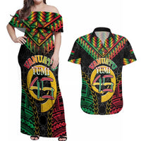 Vanuatu 45th Anniversary Independence Day Couples Matching Off Shoulder Maxi Dress and Hawaiian Shirt Melanesian Warrior With Sand Drawing Pattern LT05