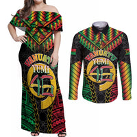 Vanuatu 46th Anniversary Independence Day Couples Matching Off Shoulder Maxi Dress and Long Sleeve Button Shirt Melanesian Warrior With Sand Drawing Pattern LT05 Black - Polynesian Pride