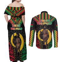 Vanuatu 45th Anniversary Independence Day Couples Matching Off Shoulder Maxi Dress and Long Sleeve Button Shirt Melanesian Warrior With Sand Drawing Pattern LT05