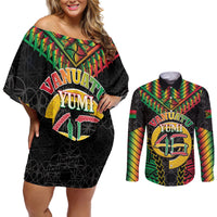 Vanuatu 46th Anniversary Independence Day Couples Matching Off Shoulder Short Dress and Long Sleeve Button Shirt Melanesian Warrior With Sand Drawing Pattern LT05 Black - Polynesian Pride