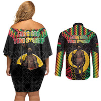 Vanuatu 46th Anniversary Independence Day Couples Matching Off Shoulder Short Dress and Long Sleeve Button Shirt Melanesian Warrior With Sand Drawing Pattern LT05 - Polynesian Pride