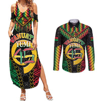 Vanuatu 45th Anniversary Independence Day Couples Matching Summer Maxi Dress and Long Sleeve Button Shirt Melanesian Warrior With Sand Drawing Pattern LT05