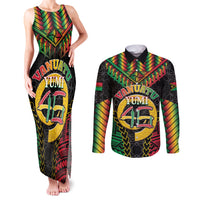 Vanuatu 46th Anniversary Independence Day Couples Matching Tank Maxi Dress and Long Sleeve Button Shirt Melanesian Warrior With Sand Drawing Pattern LT05 Black - Polynesian Pride