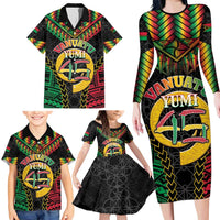 Vanuatu 45th Anniversary Independence Day Family Matching Long Sleeve Bodycon Dress and Hawaiian Shirt Melanesian Warrior With Sand Drawing Pattern LT05