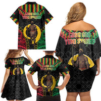 Vanuatu 45th Anniversary Independence Day Family Matching Off Shoulder Short Dress and Hawaiian Shirt Melanesian Warrior With Sand Drawing Pattern LT05