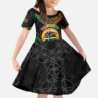 Vanuatu 46th Anniversary Independence Day Kid Short Sleeve Dress Melanesian Warrior With Sand Drawing Pattern LT05 KID Black - Polynesian Pride