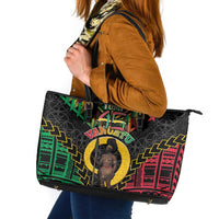 Vanuatu 46th Anniversary Independence Day Leather Tote Bag Melanesian Warrior With Sand Drawing Pattern LT05 Black - Polynesian Pride