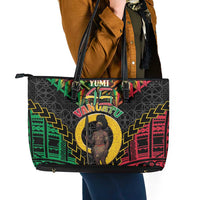 Vanuatu 46th Anniversary Independence Day Leather Tote Bag Melanesian Warrior With Sand Drawing Pattern LT05 - Polynesian Pride
