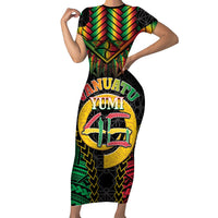 Vanuatu 46th Anniversary Independence Day Short Sleeve Bodycon Dress Melanesian Warrior With Sand Drawing Pattern LT05 Long Dress Black - Polynesian Pride