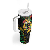 Vanuatu 46th Anniversary Independence Day Tumbler With Handle Melanesian Warrior With Sand Drawing Pattern LT05 - Polynesian Pride