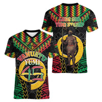 Vanuatu 45th Anniversary Independence Day Women V-Neck T-Shirt Melanesian Warrior With Sand Drawing Pattern LT05