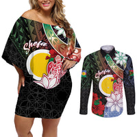 Personalised Vanuatu Shefa Day Couples Matching Off Shoulder Short Dress and Long Sleeve Button Shirt Floral Pattern
