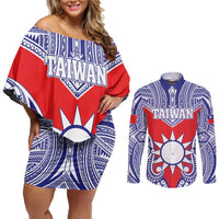 Personalised Taiwan Couples Matching Off Shoulder Short Dress and Long Sleeve Button Shirt Austronesian Tribal Tattoo Red - Polynesian Pride