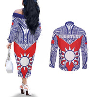 Personalised Taiwan Couples Matching Off The Shoulder Long Sleeve Dress and Long Sleeve Button Shirt Austronesian Tribal Tattoo Red - Polynesian Pride