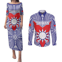 Personalised Taiwan Couples Matching Puletasi and Long Sleeve Button Shirt Austronesian Tribal Tattoo Red LT05 Red - Polynesian Pride
