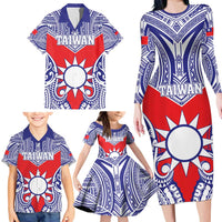Personalised Taiwan Family Matching Long Sleeve Bodycon Dress and Hawaiian Shirt Austronesian Tribal Tattoo Red - Polynesian Pride