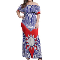 Personalised Taiwan Off Shoulder Maxi Dress Austronesian Tribal Tattoo Red - Polynesian Pride
