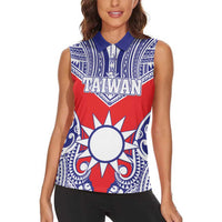 Personalised Taiwan Women Sleeveless Polo Shirt Austronesian Tribal Tattoo Red - Polynesian Pride