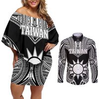 Personalised Taiwan Couples Matching Off Shoulder Short Dress and Long Sleeve Button Shirt Austronesian Tribal Tattoo Black - Polynesian Pride