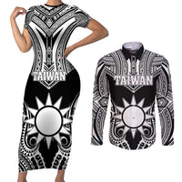 Personalised Taiwan Couples Matching Short Sleeve Bodycon Dress and Long Sleeve Button Shirt Austronesian Tribal Tattoo Black - Polynesian Pride