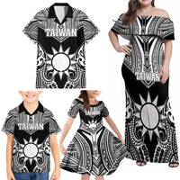 Personalised Taiwan Family Matching Off Shoulder Maxi Dress and Hawaiian Shirt Austronesian Tribal Tattoo Black - Polynesian Pride