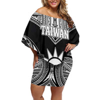 Personalised Taiwan Off Shoulder Short Dress Austronesian Tribal Tattoo Black - Polynesian Pride