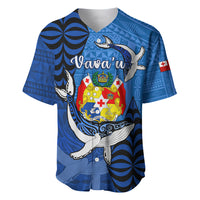Personalized Tonga Vavau Baseball Jersey Humpback Whale Coat Of Arms With Ngatu Pattern LT05 Blue - Polynesian Pride