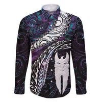 New Zealand Aotearoa Family Matching Tank Maxi Dress and Hawaiian Shirt Maori Hei Rehua Paua Shell Glitter Purple LT05 Dad's Shirt - Long Sleeve Purple - Polynesian Pride