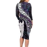 New Zealand Aotearoa Long Sleeve Bodycon Dress Maori Hei Rehua Paua Shell Glitter Purple